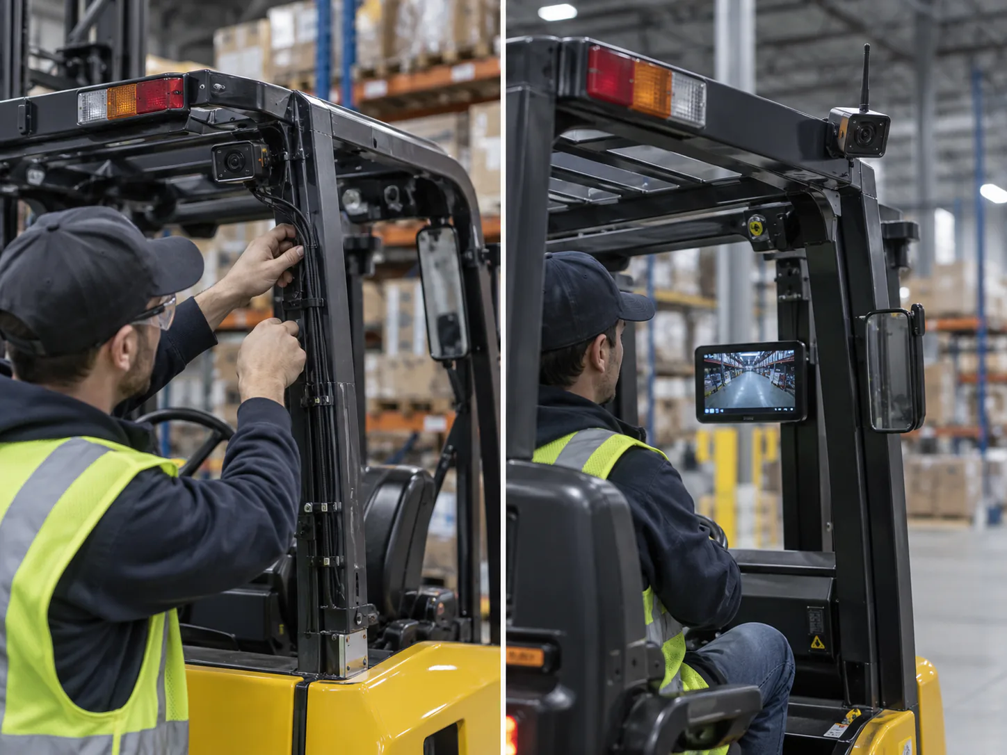Forklift camera installation and in-cab monitor shown in a warehouse