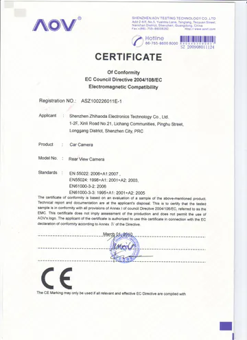 CE compliance certificate for vehicle camera