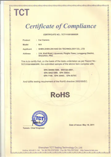 RoHS compliance certificate for vehicle camera
