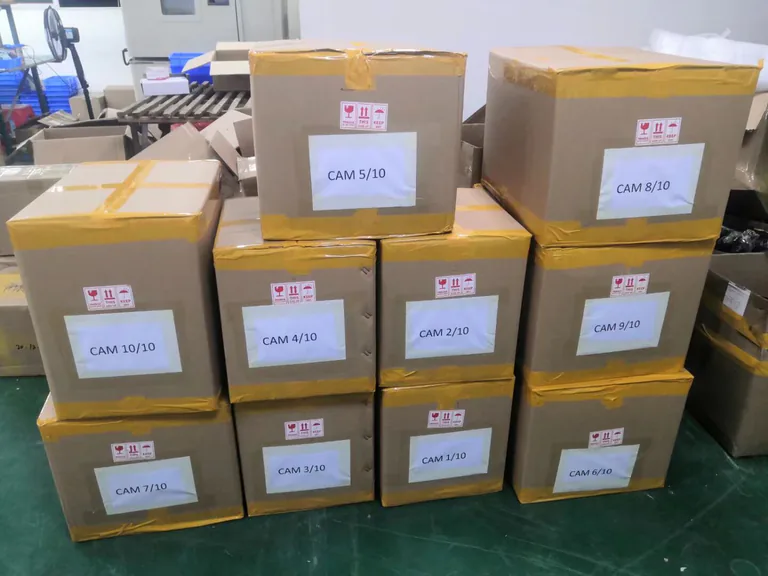Vehicle camera cartons prepared for packaging and order handling