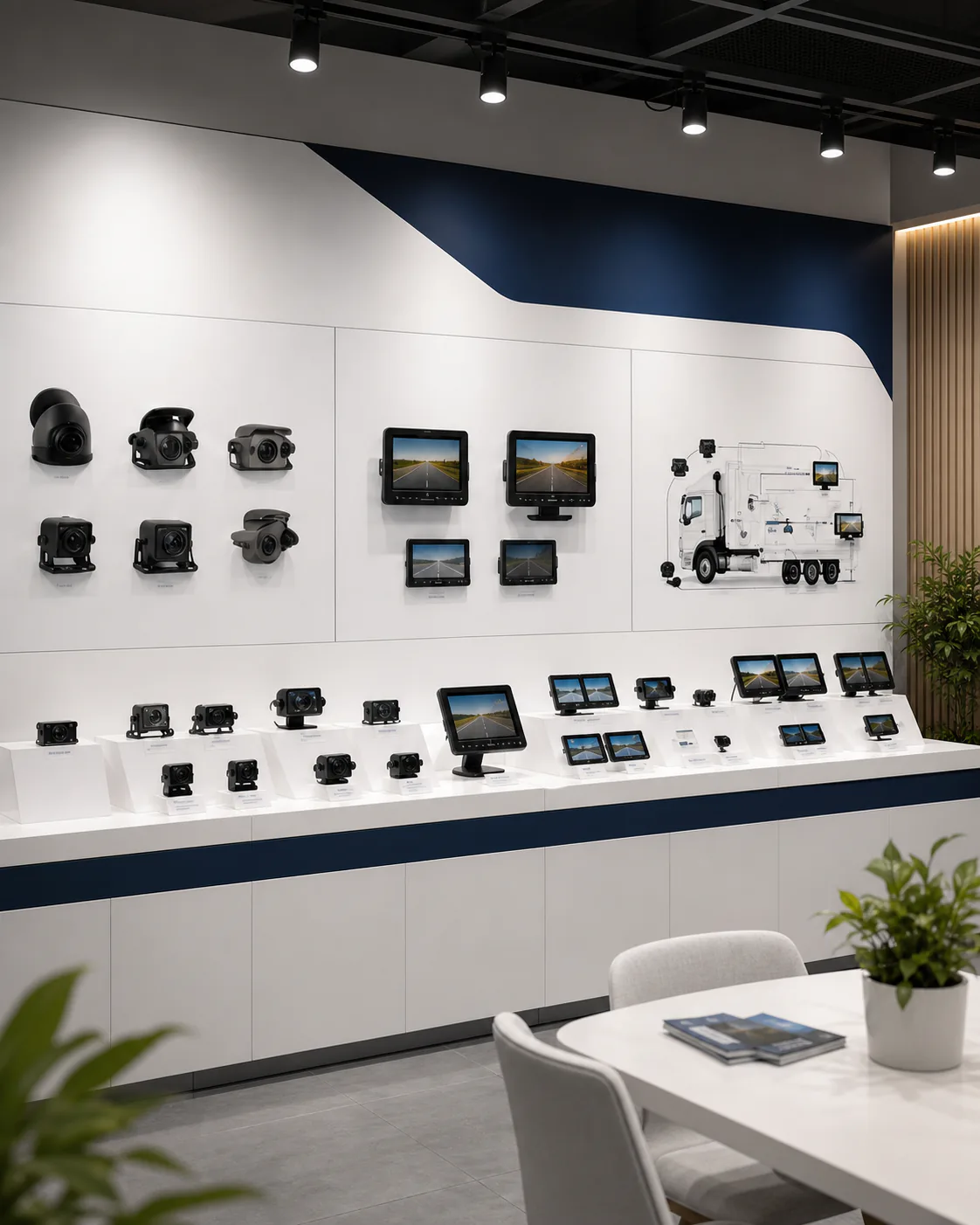 Vehicle cameras, monitors and matched camera-monitor systems arranged in a dedicated product showroom