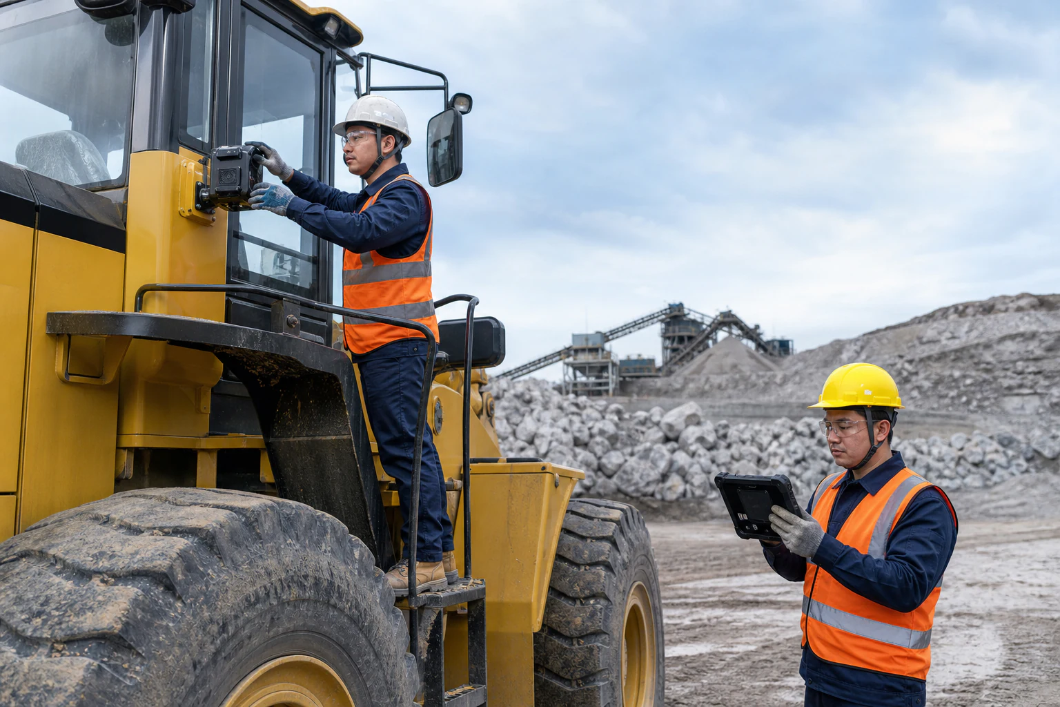 Chinese technician calibrating an exterior camera on a wheel loader