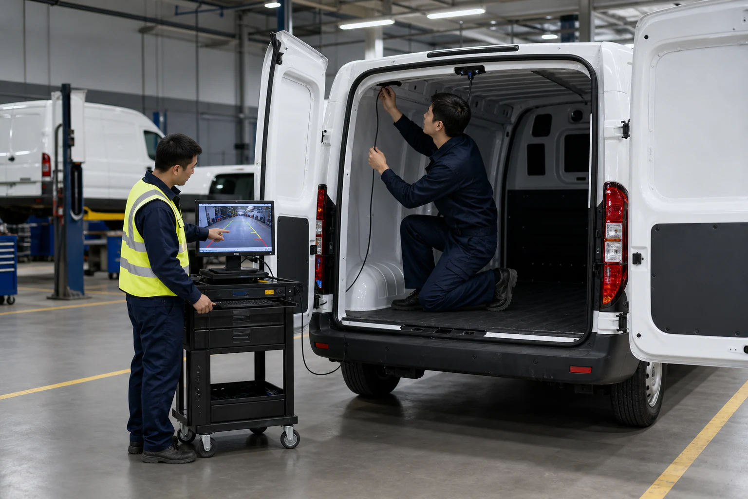 Chinese technicians installing and testing a vehicle camera system inside a fleet van