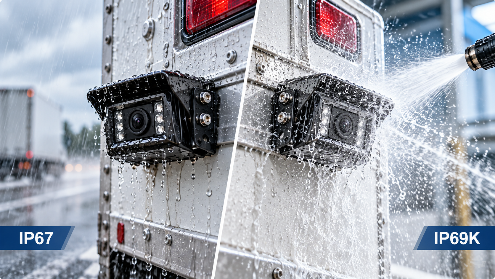 Illustration comparing rain exposure and pressure washing around vehicle cameras, labeled IP67 and IP69K
