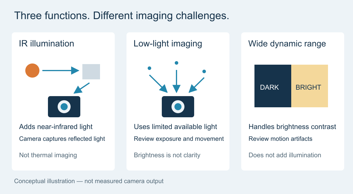Three-part schematic distinguishing IR illumination, low-light capture and WDR brightness management