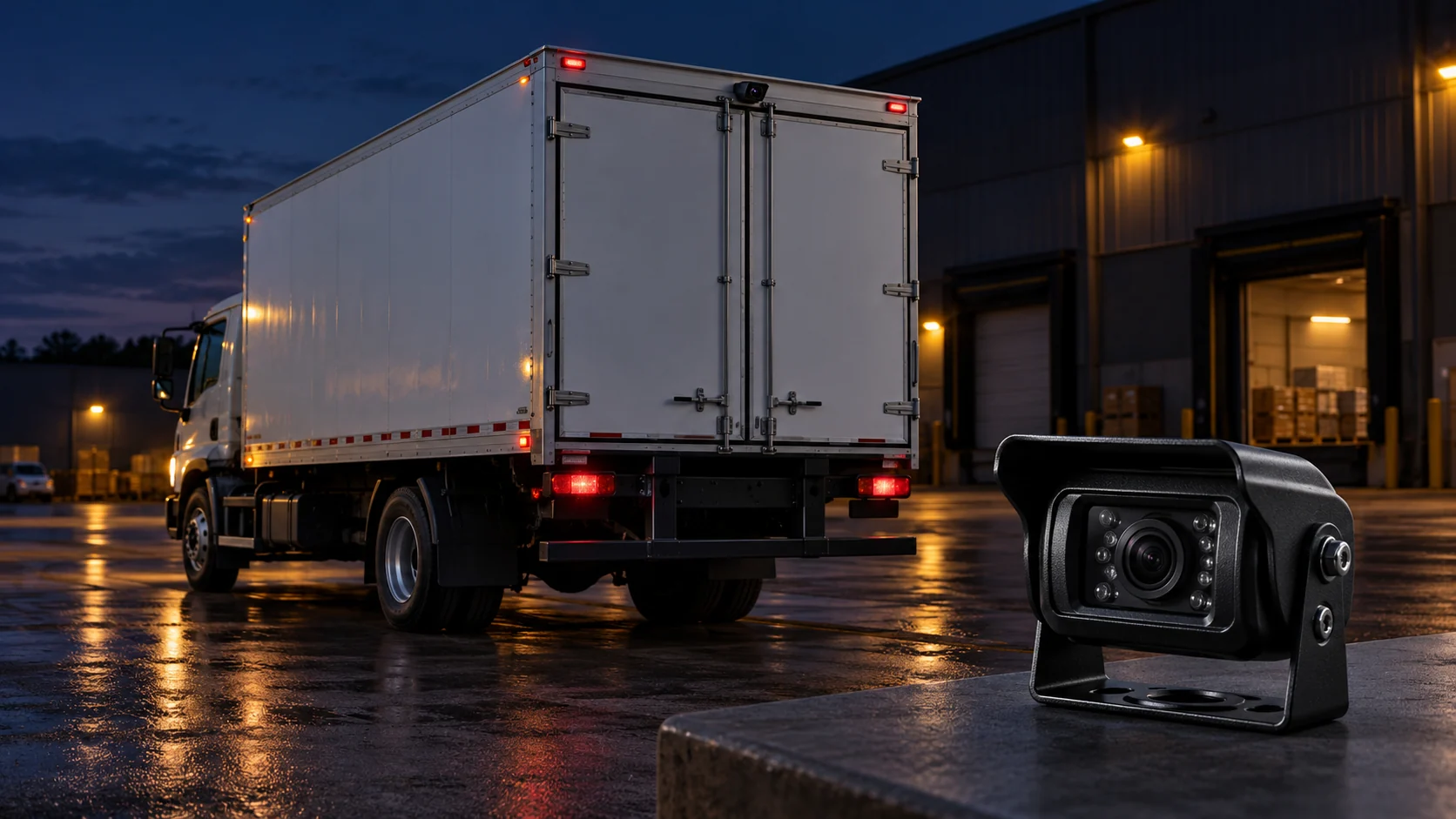 Conceptual illustration of a commercial truck at a depot at night with a generic rear-view camera in the foreground