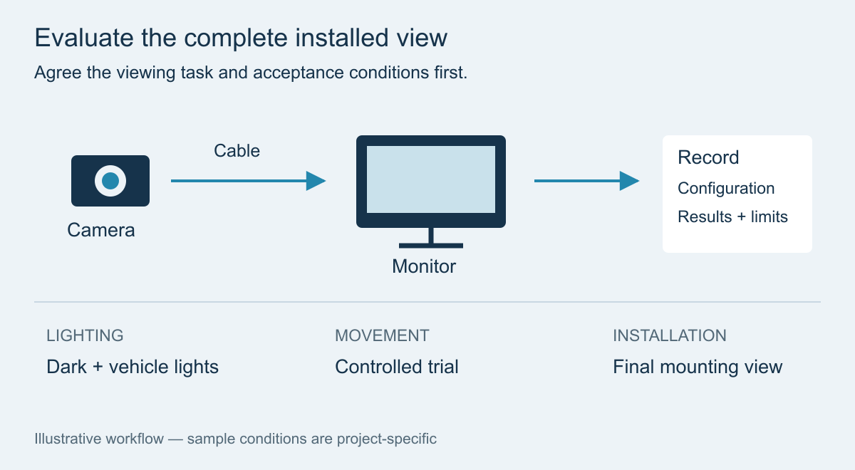 Sample review workflow from viewing task through camera, cable and monitor to lighting and movement checks