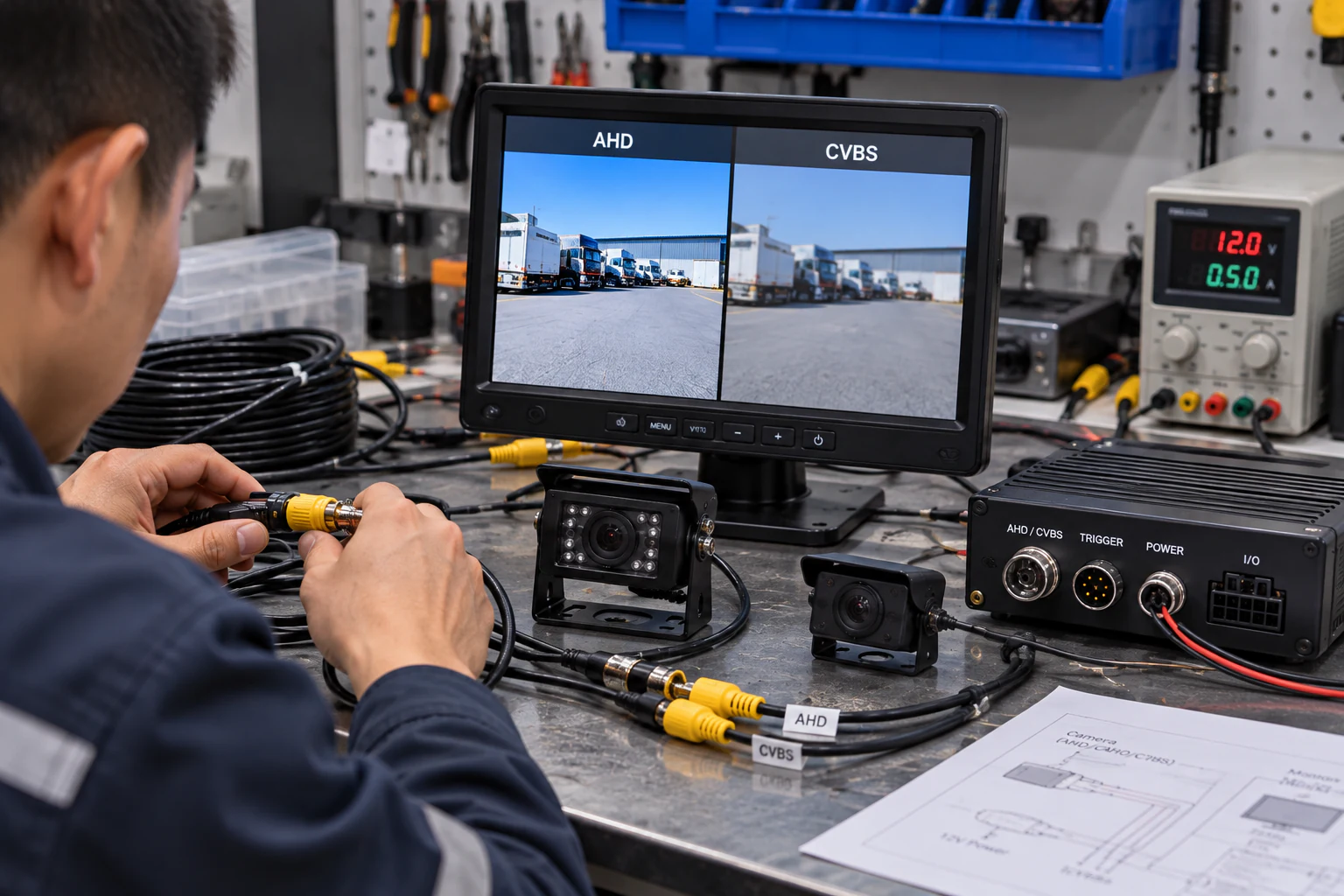 Technician connecting leads beside two vehicle cameras, a bench supply and a monitor labeled AHD and CVBS