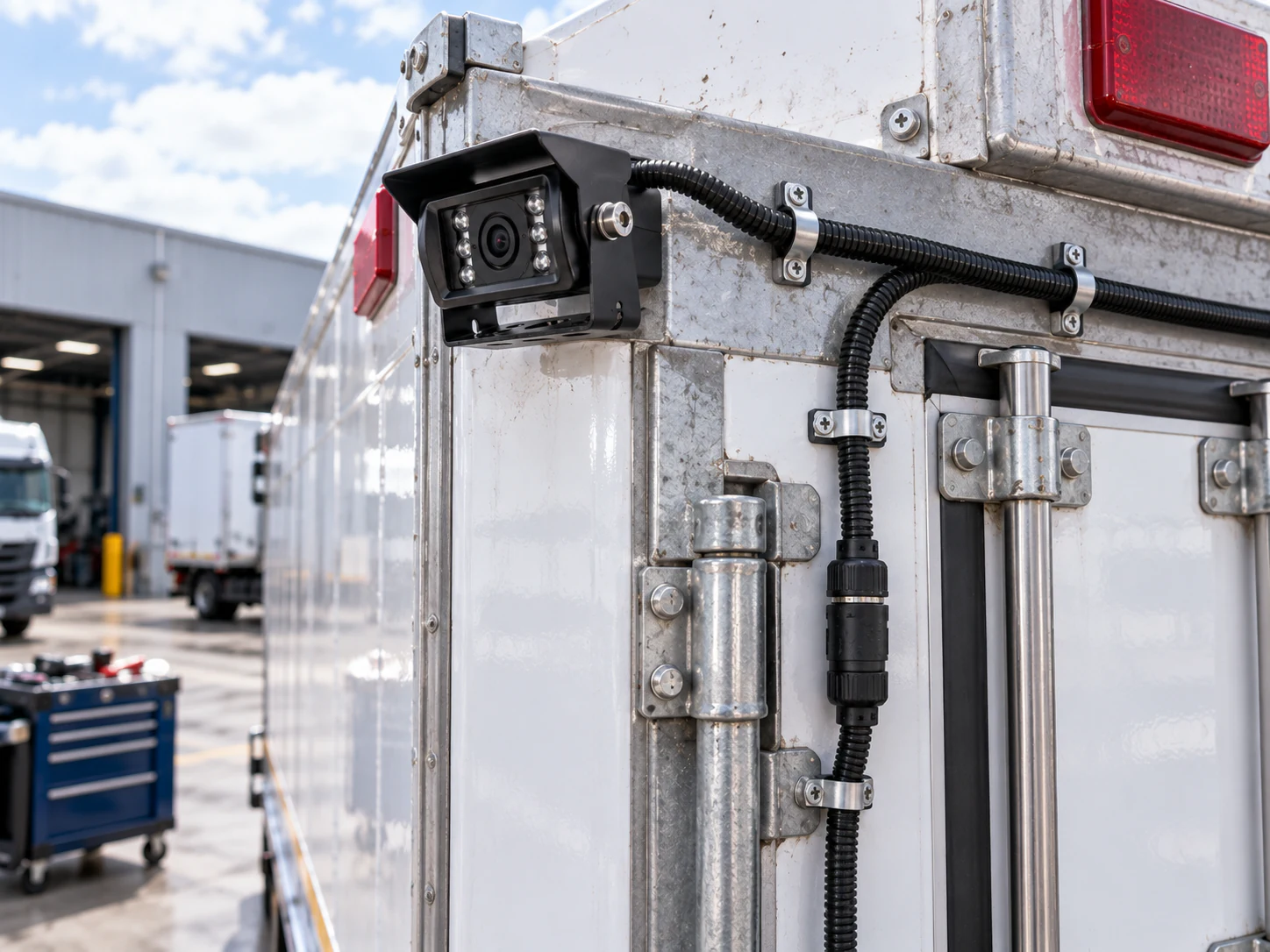 Rear camera bracket on a white truck body with clipped protective conduit and an inline connector