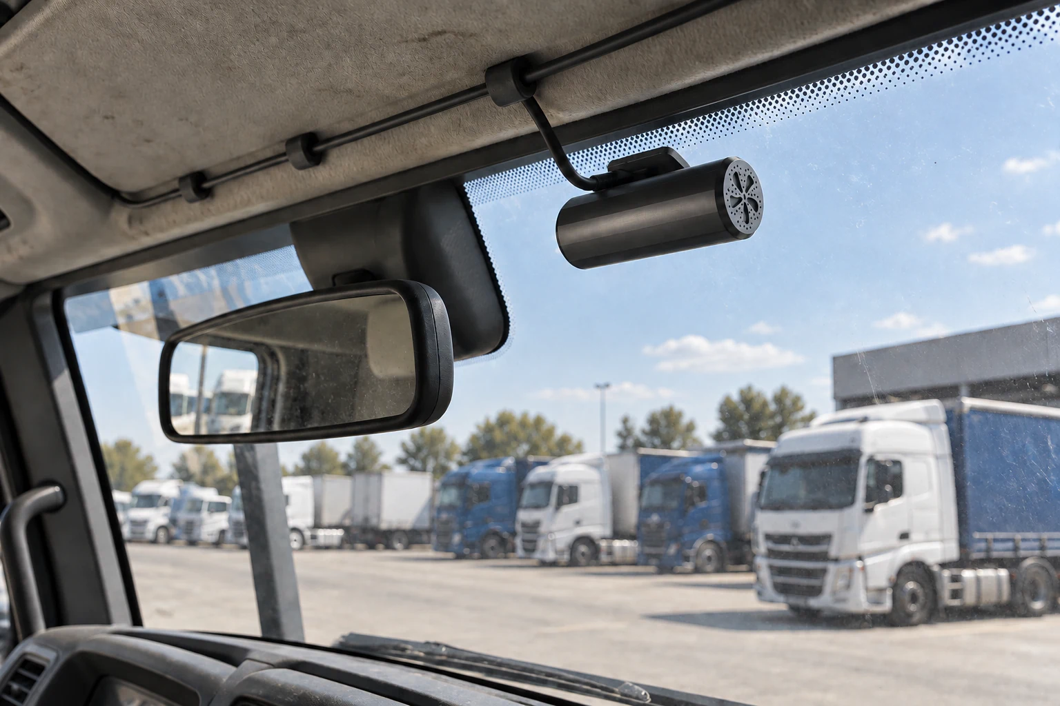 Compact cylindrical dash recorder mounted near a truck windscreen mirror with its power lead clipped along the headliner