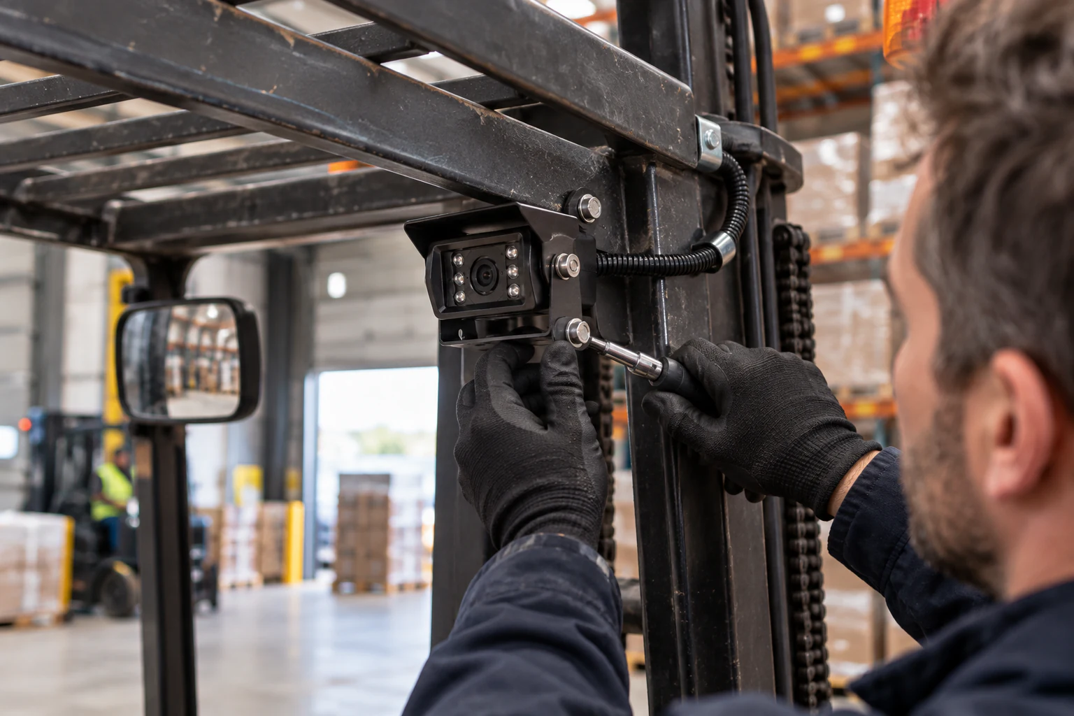 Gloved technician adjusting a camera bracket on a forklift frame beside a protected cable conduit