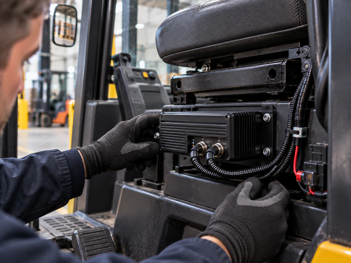 Gloved technician checking a finned control enclosure with two cable connectors beneath a forklift seat