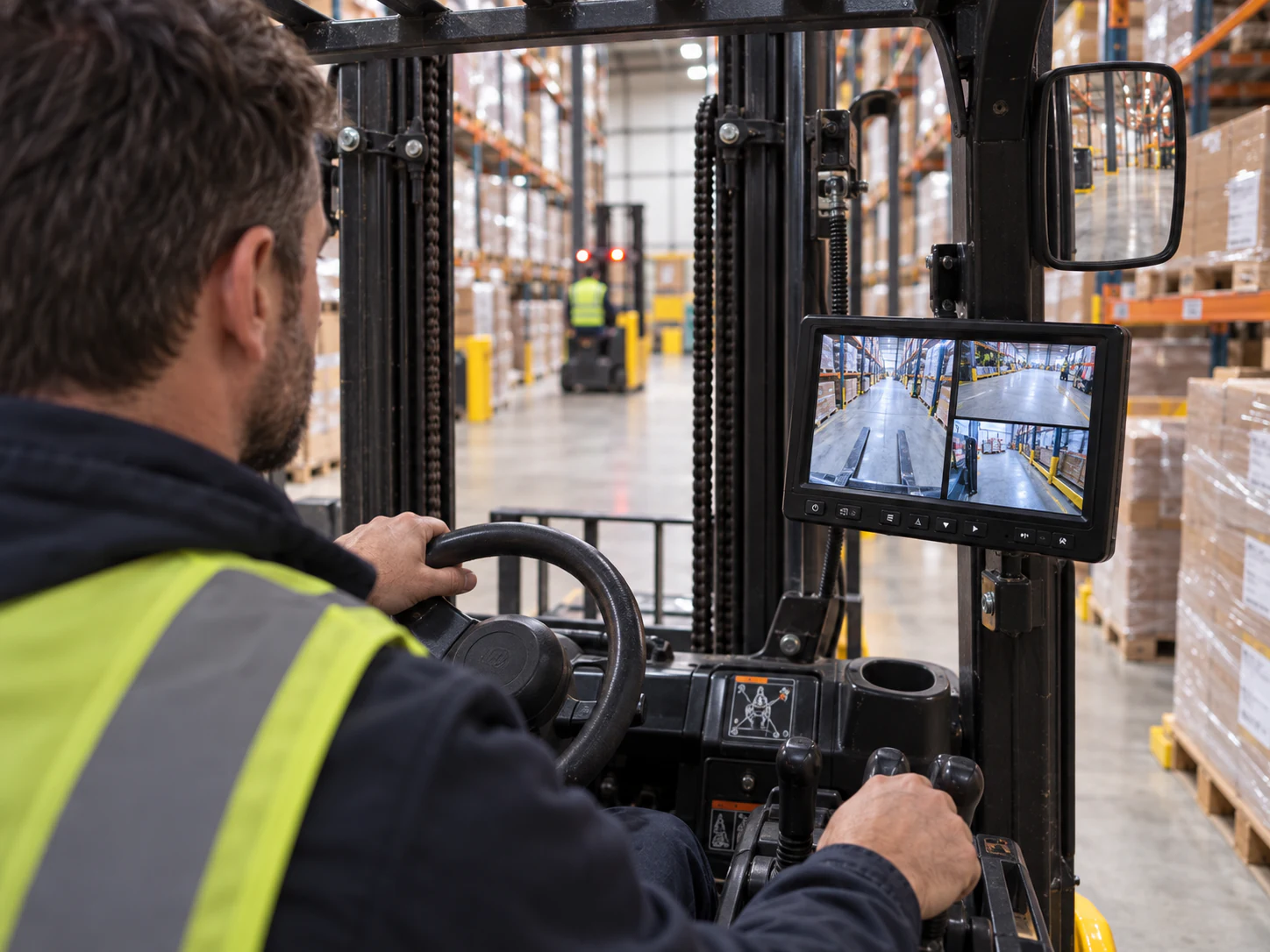 Forklift operator facing a cab monitor showing a large fork view and two warehouse views