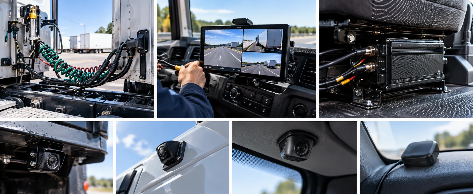 Illustrated montage of truck trailer connections, cab display, seat-mounted enclosure and exterior and interior camera positions