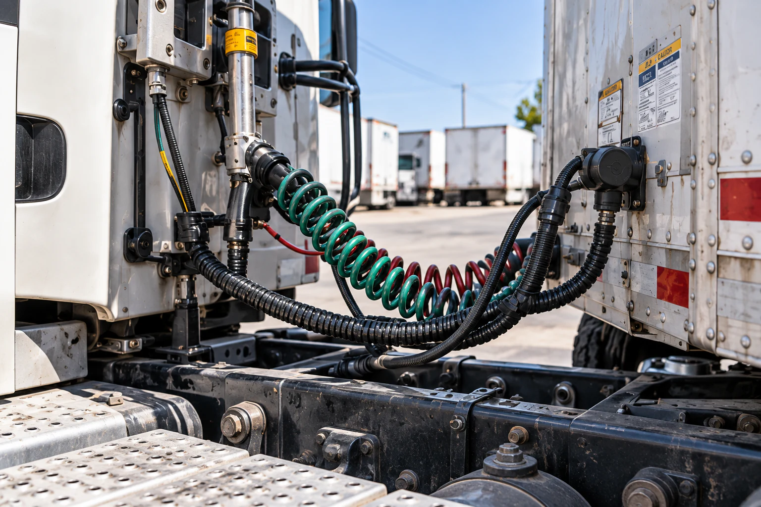 Coiled red and green lines and protected connection leads between a truck tractor and trailer