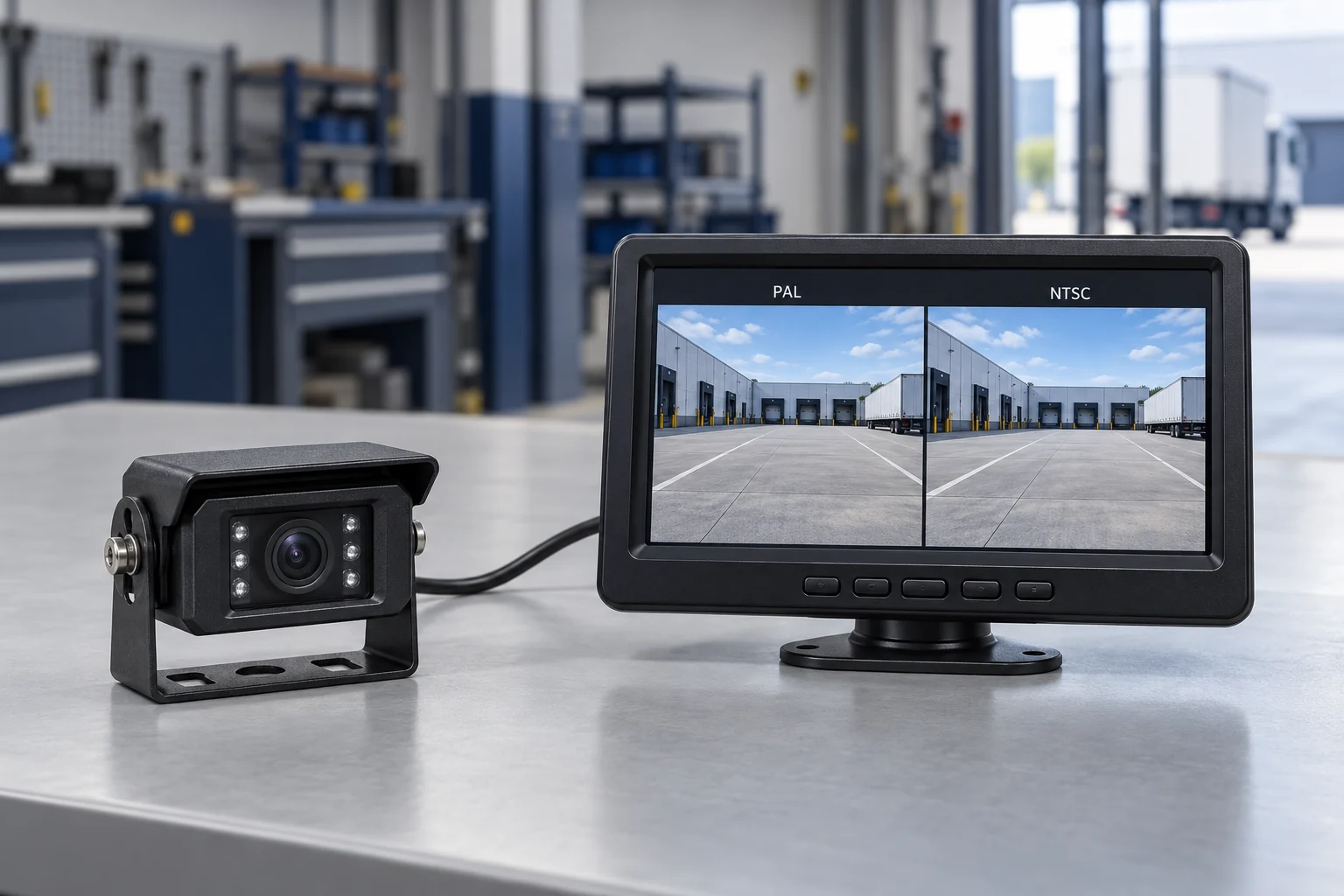 Illustration of a vehicle camera connected to a monitor with PAL and NTSC reference views of a loading yard; not a tested product pairing