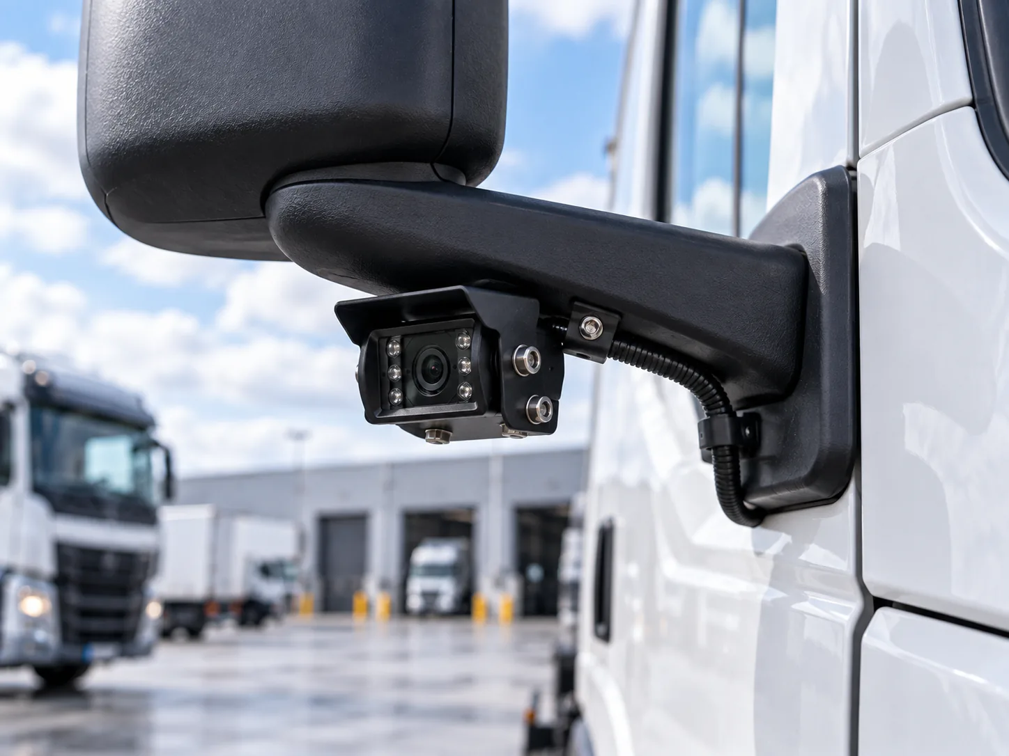 Close view of a commercial vehicle camera mounted beneath a truck mirror arm