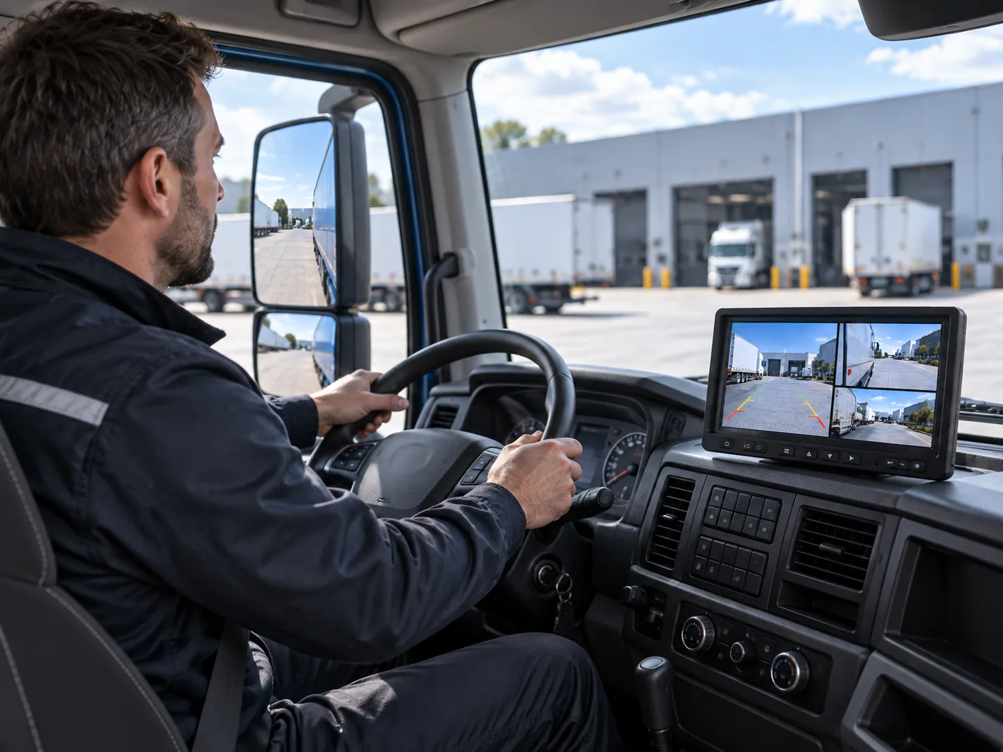 Commercial truck driver viewing rear and side camera images on an in-cab monitor