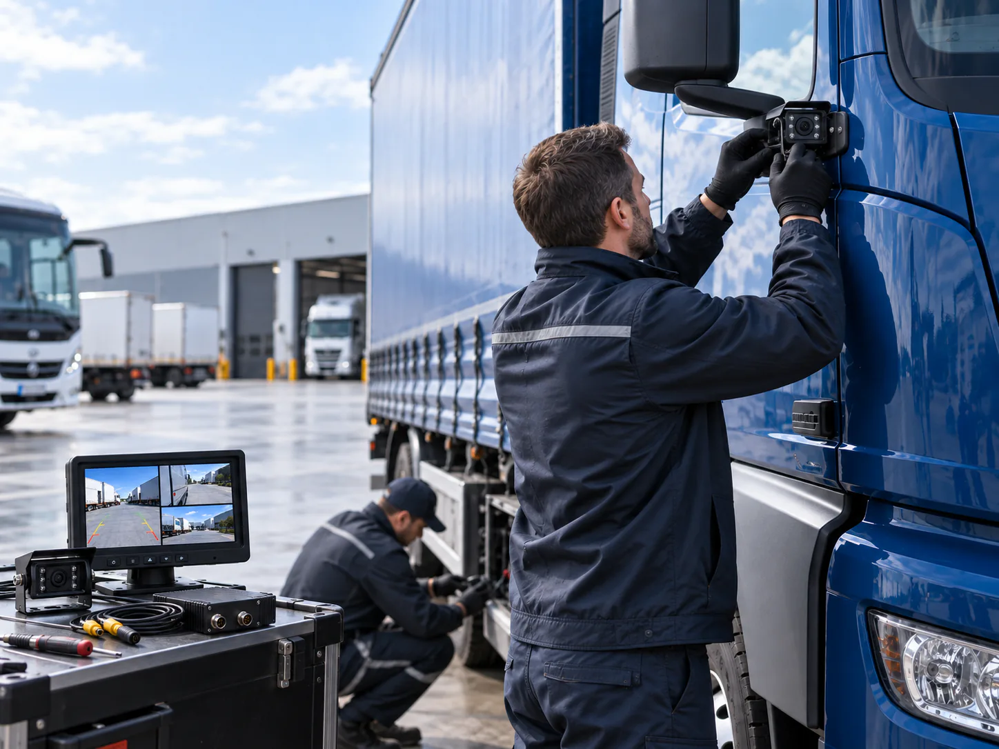 Technicians checking an exterior camera installation on a blue commercial truck