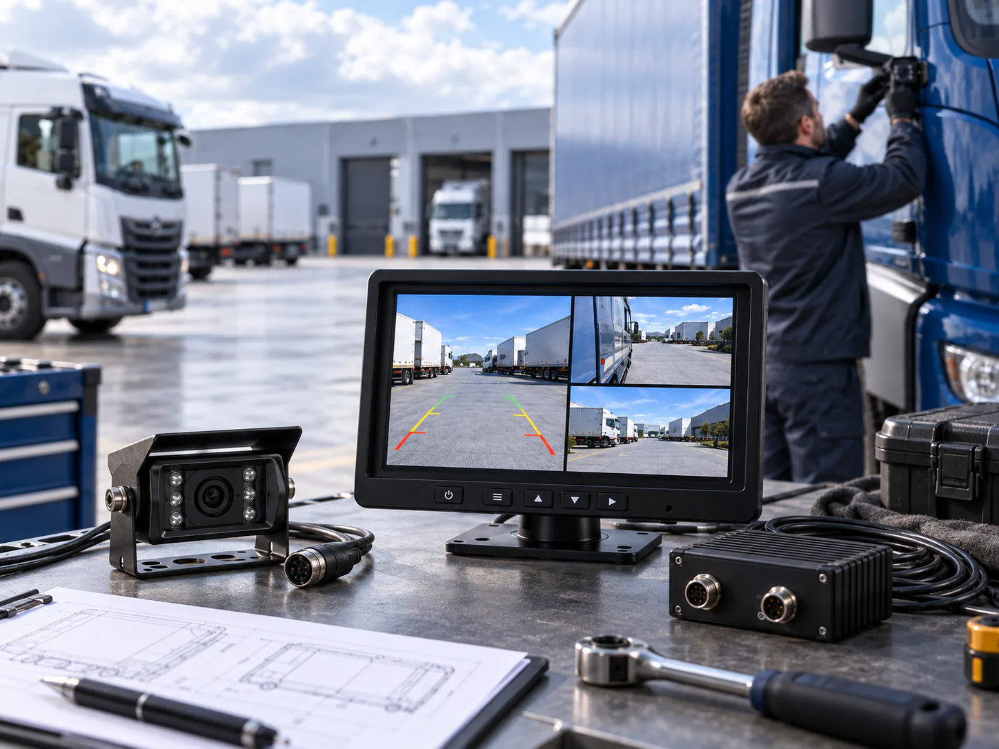 Vehicle camera, multi-view monitor, control unit and cables arranged for a workshop compatibility review