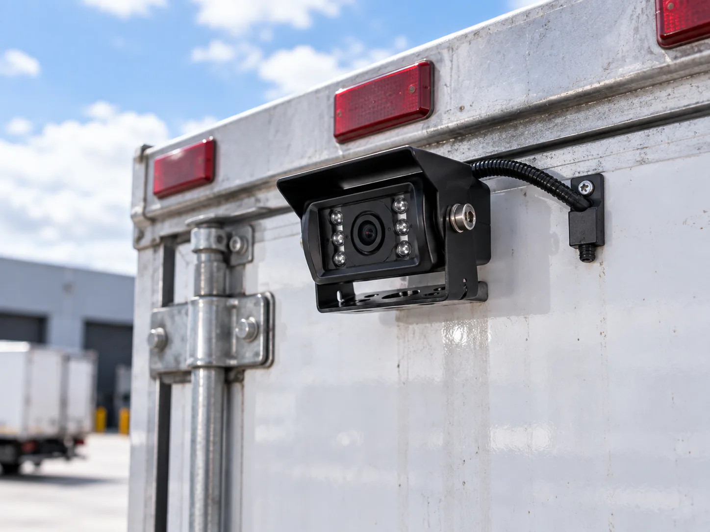 Close view of a weather-protected camera mounted on a commercial truck rear door