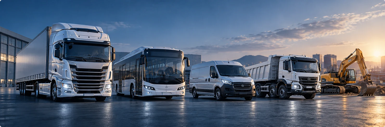 Illustration of a commercial vehicle fleet with trucks, a bus, a van and an excavator
