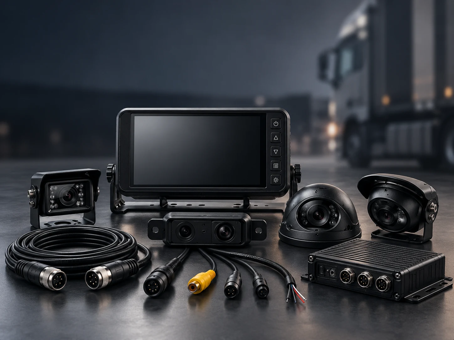 Illustration of a commercial vehicle monitor, cameras, DVR and connecting cables arranged as a camera system