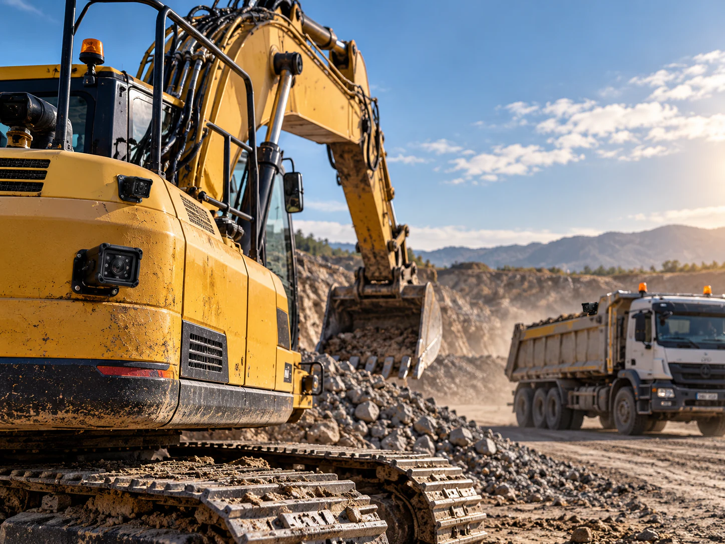 Application illustration of an excavator and dump truck working at an open-pit quarry