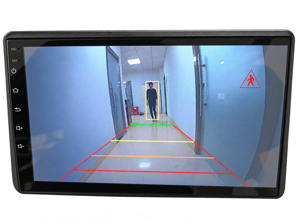 Background-isolated product illustration of a vehicle monitor showing pedestrian detection and a rear-view warning area