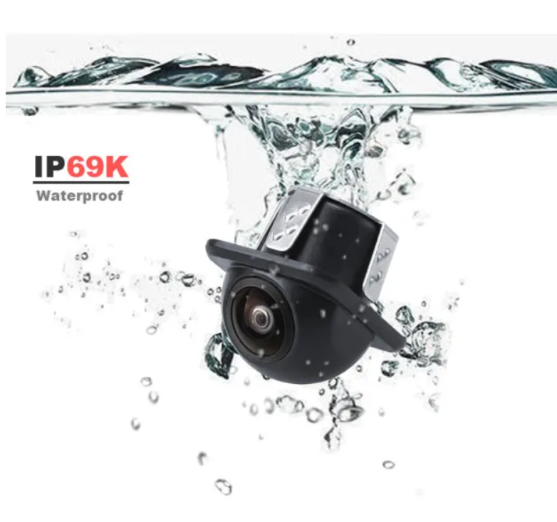 CAM-078 universal backup camera shown in a waterproof product display