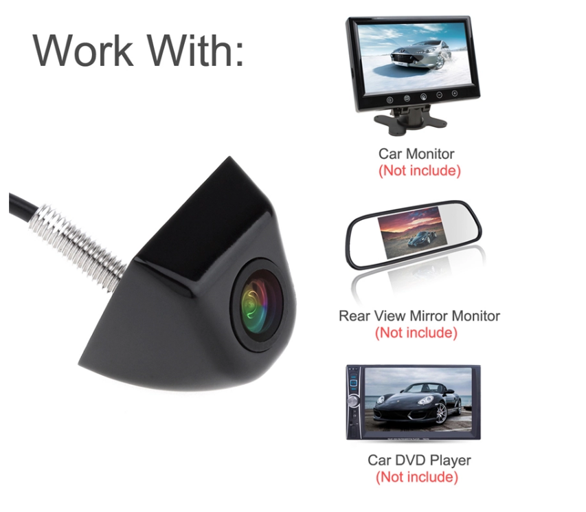 CAM-D05 backup camera shown with compatible vehicle display types