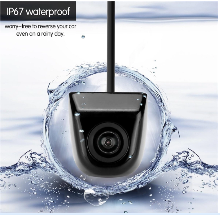 CAM-D05 universal backup camera shown in an IP67 waterproof water-splash scene