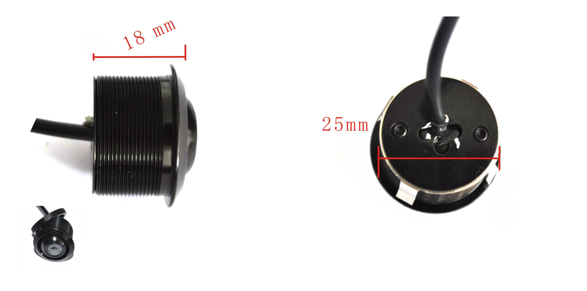 CAM-EYE02 dimension diagram showing 18 mm body depth and 25 mm rear diameter