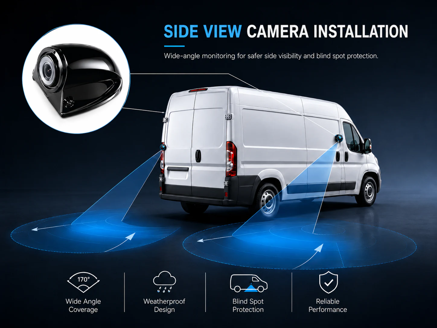CAM-ST01 side view camera installation positions and blind spot coverage on a commercial van