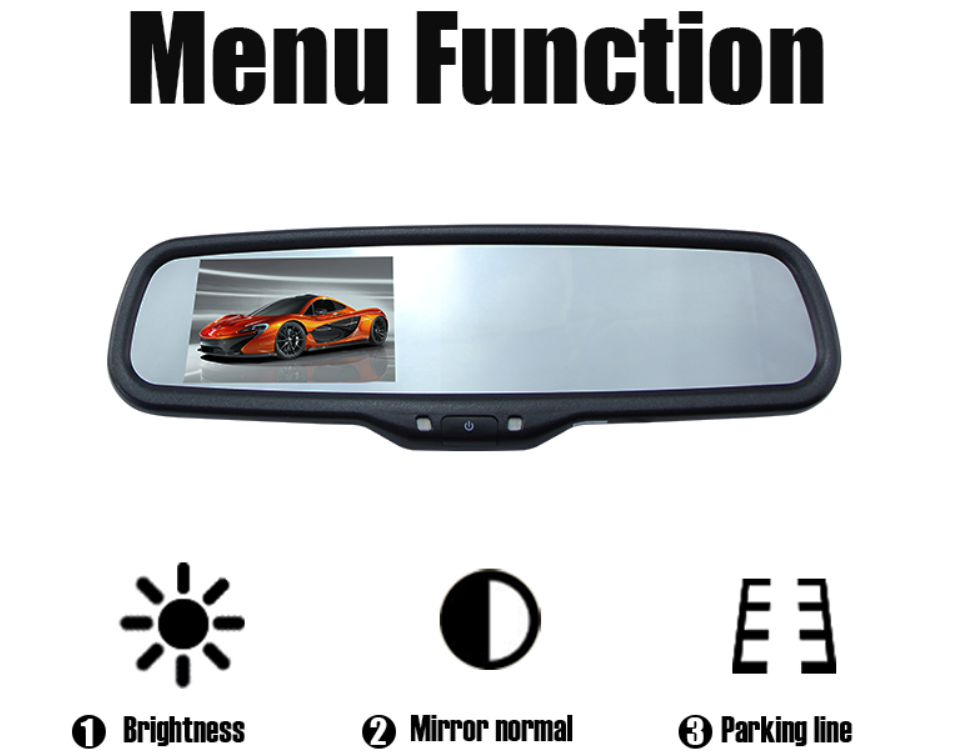 SUP-M043 mirror monitor menu controls for brightness, mirror mode and parking lines