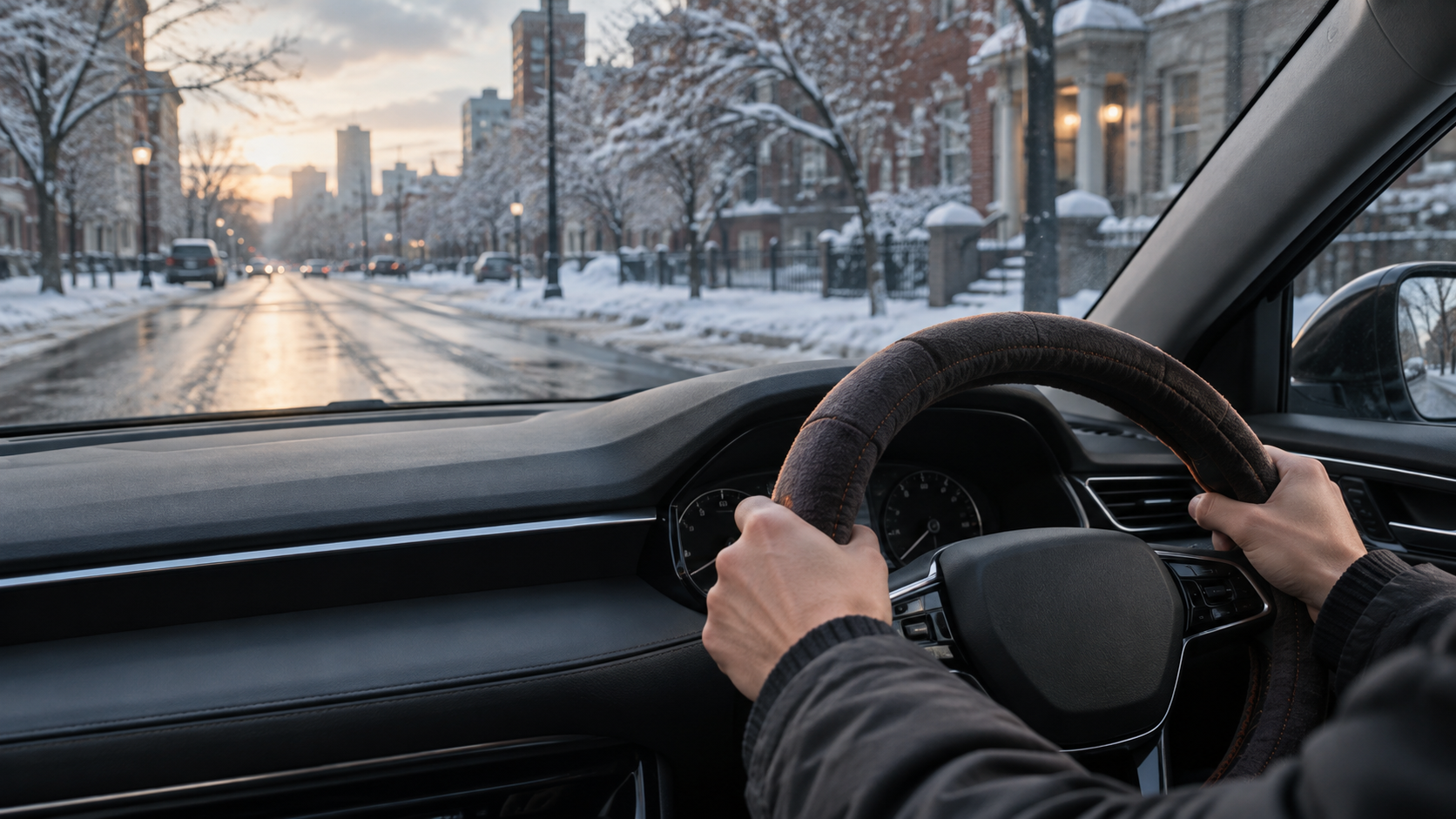 Winter driving scene illustration showing hands on a covered steering wheel and a snowy street