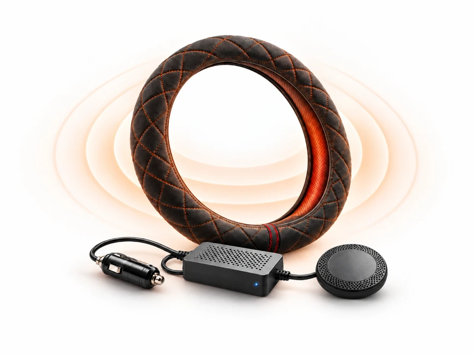 Product illustration of a heated steering wheel cover with warm orange heating accents, wireless transmitter and receiver on a white background