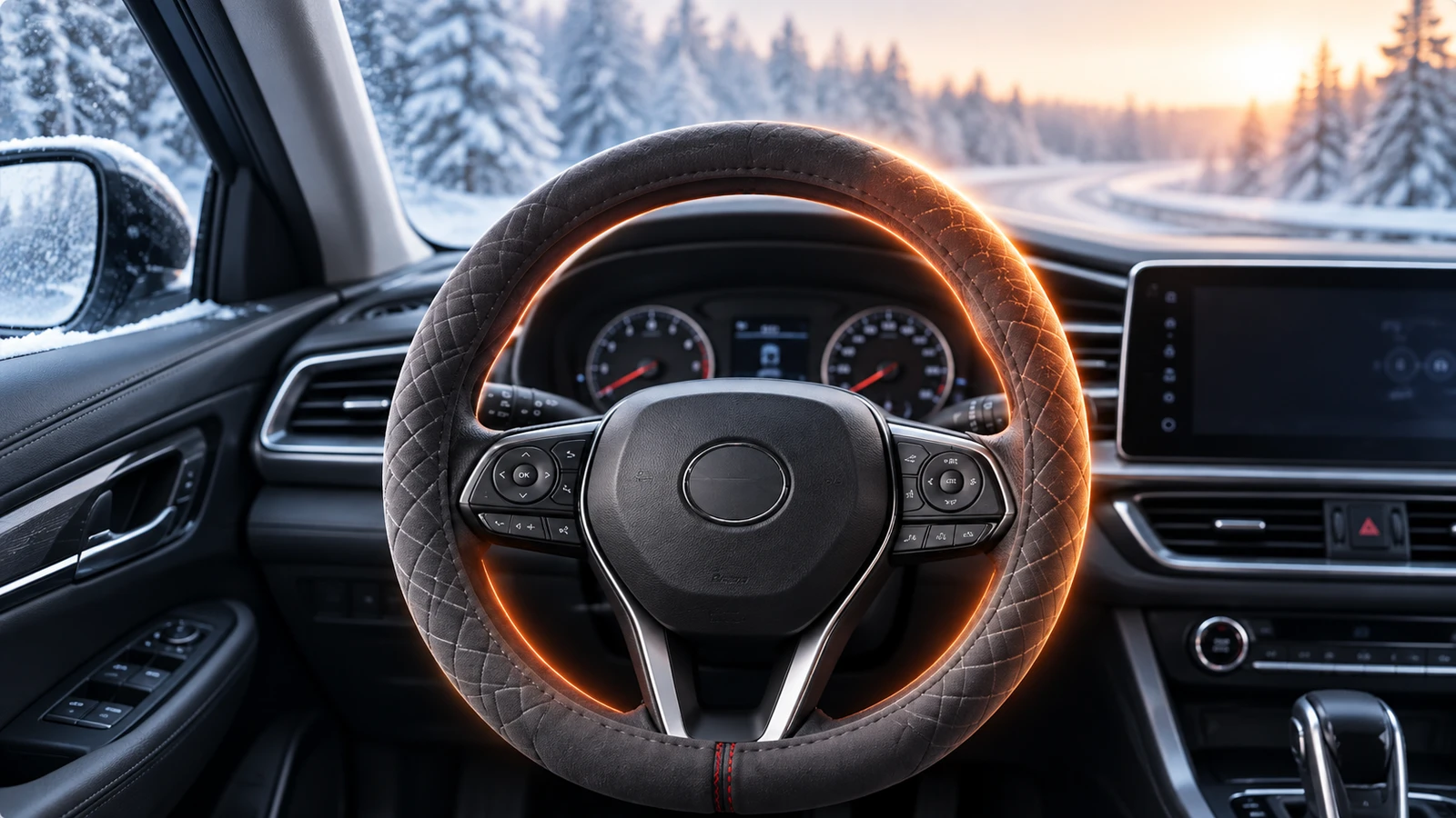 Illustration of a grey heated steering wheel cover in a snowy vehicle interior