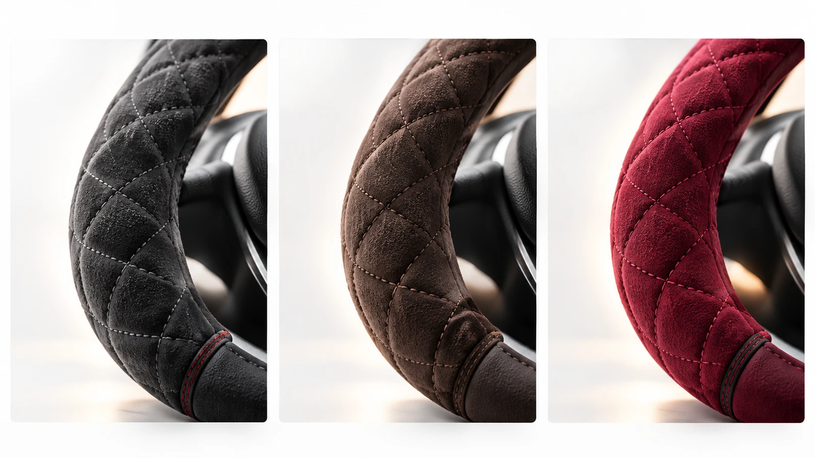 Illustrative close-ups of charcoal, brown and deep red stitched cover textures