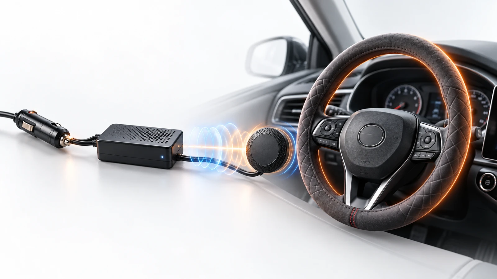 Contactless power concept showing a 12V plug, transmitter, receiver and covered steering wheel