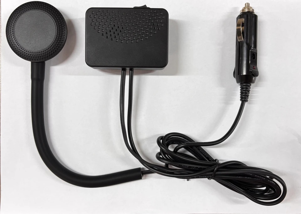 Wireless transmitter assembly with circular coil, control box, cable and vehicle socket plug
