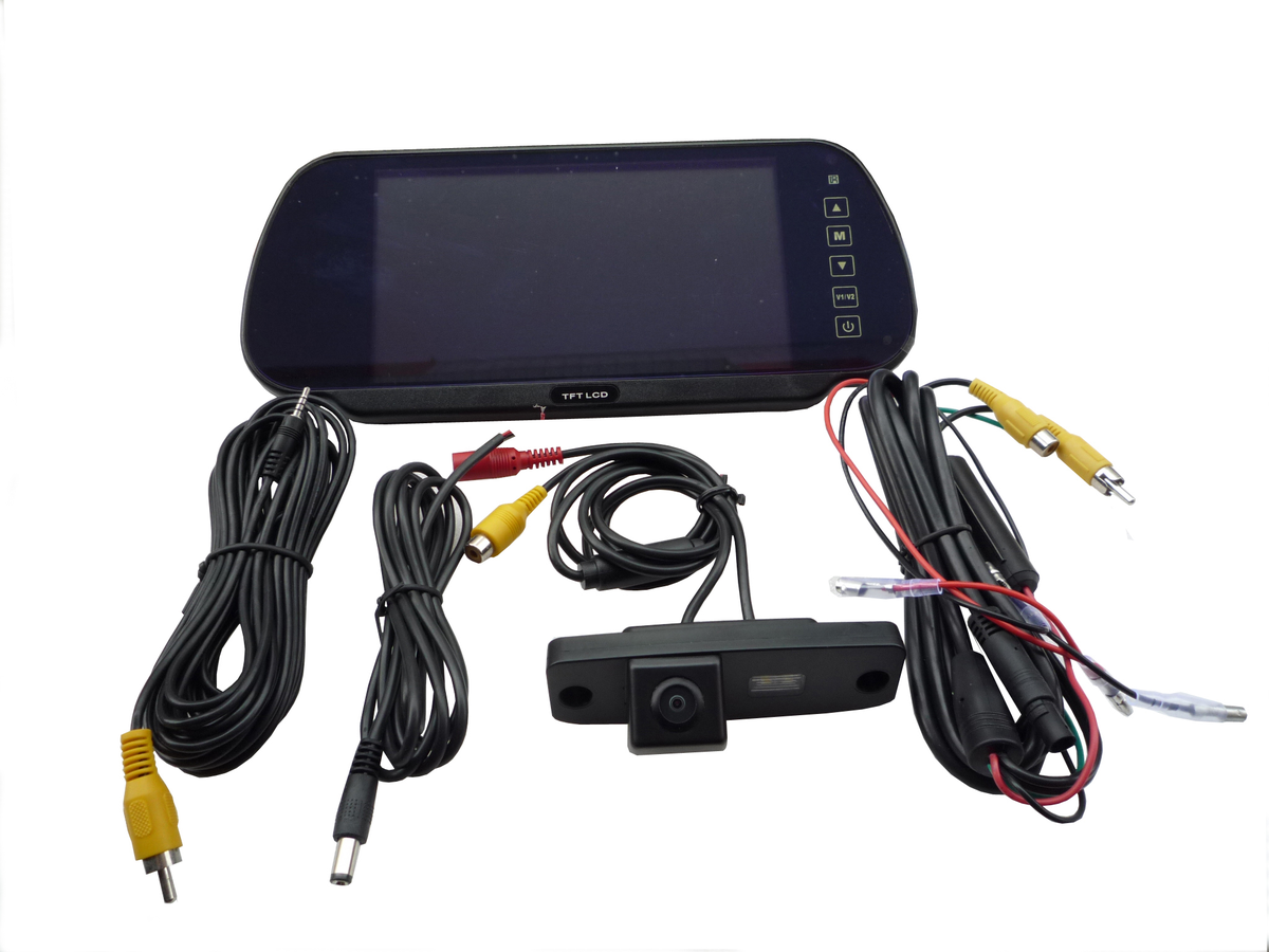 Vehicle camera monitor kit with screen, cameras and connection leads on a white background