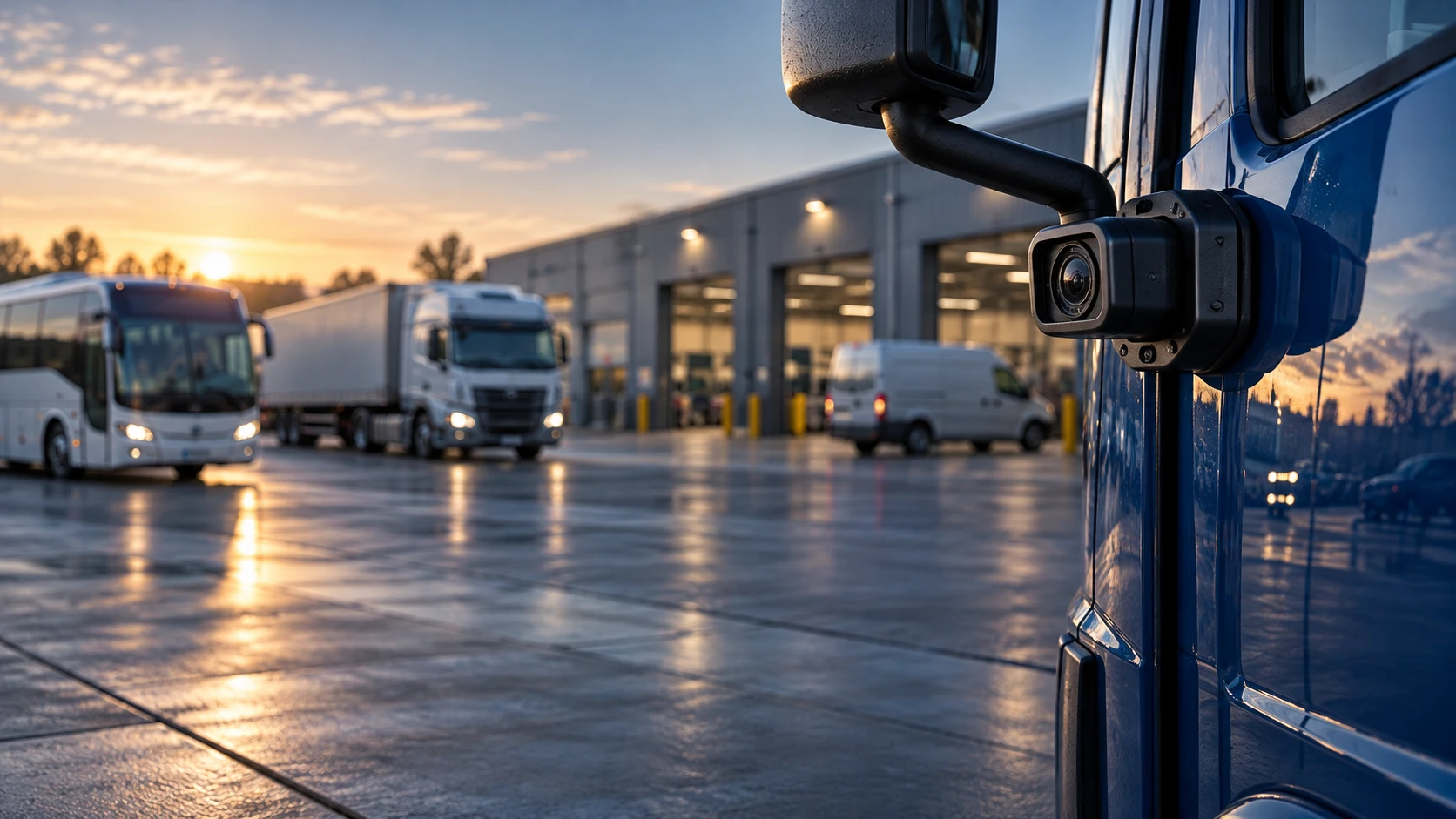 Illustration of a vehicle side-view camera beside a truck, bus and van at a logistics depot at dawn