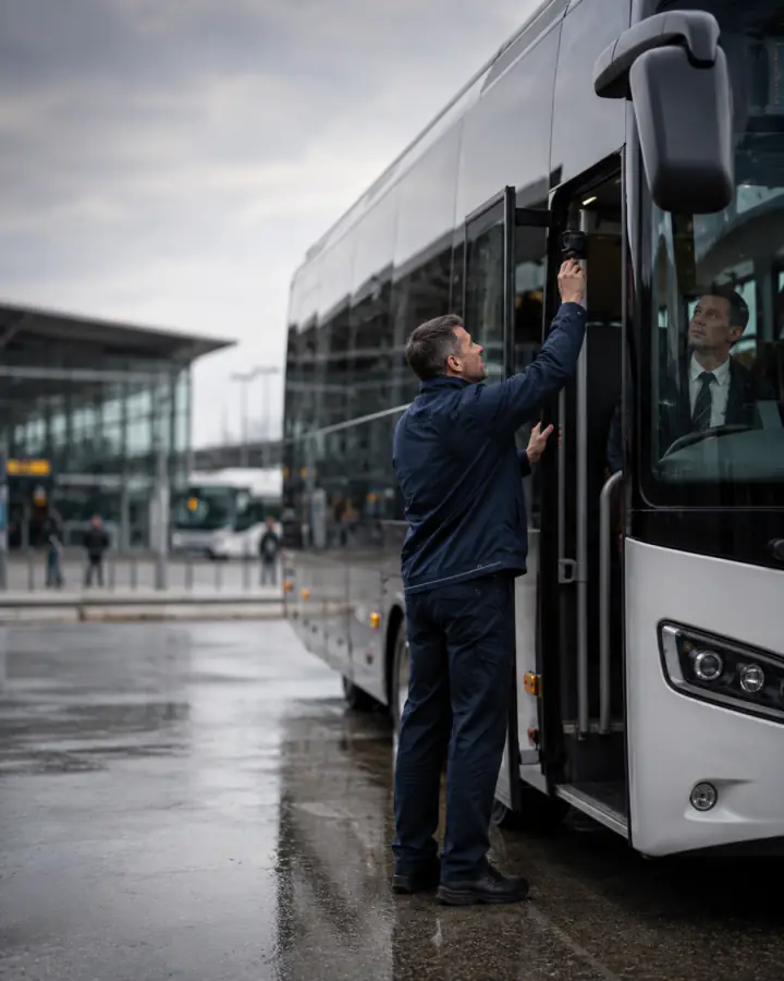 Technician installing a camera on a commercial passenger bus
